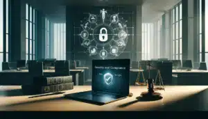 Laptop on desk looking at security and compliance features of MyWorkDrive software. 