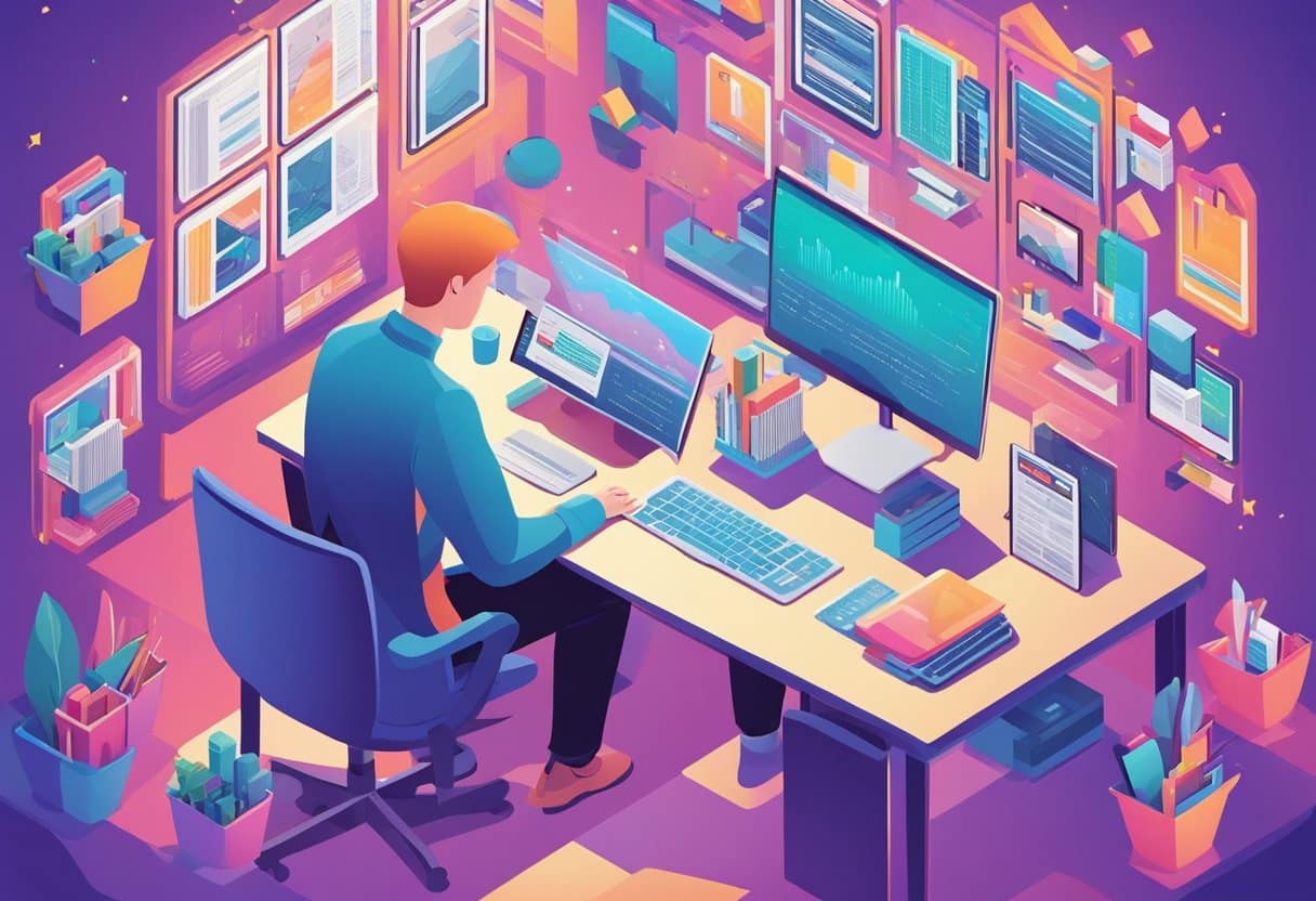 A man sits at a desk managing files on his computer. 